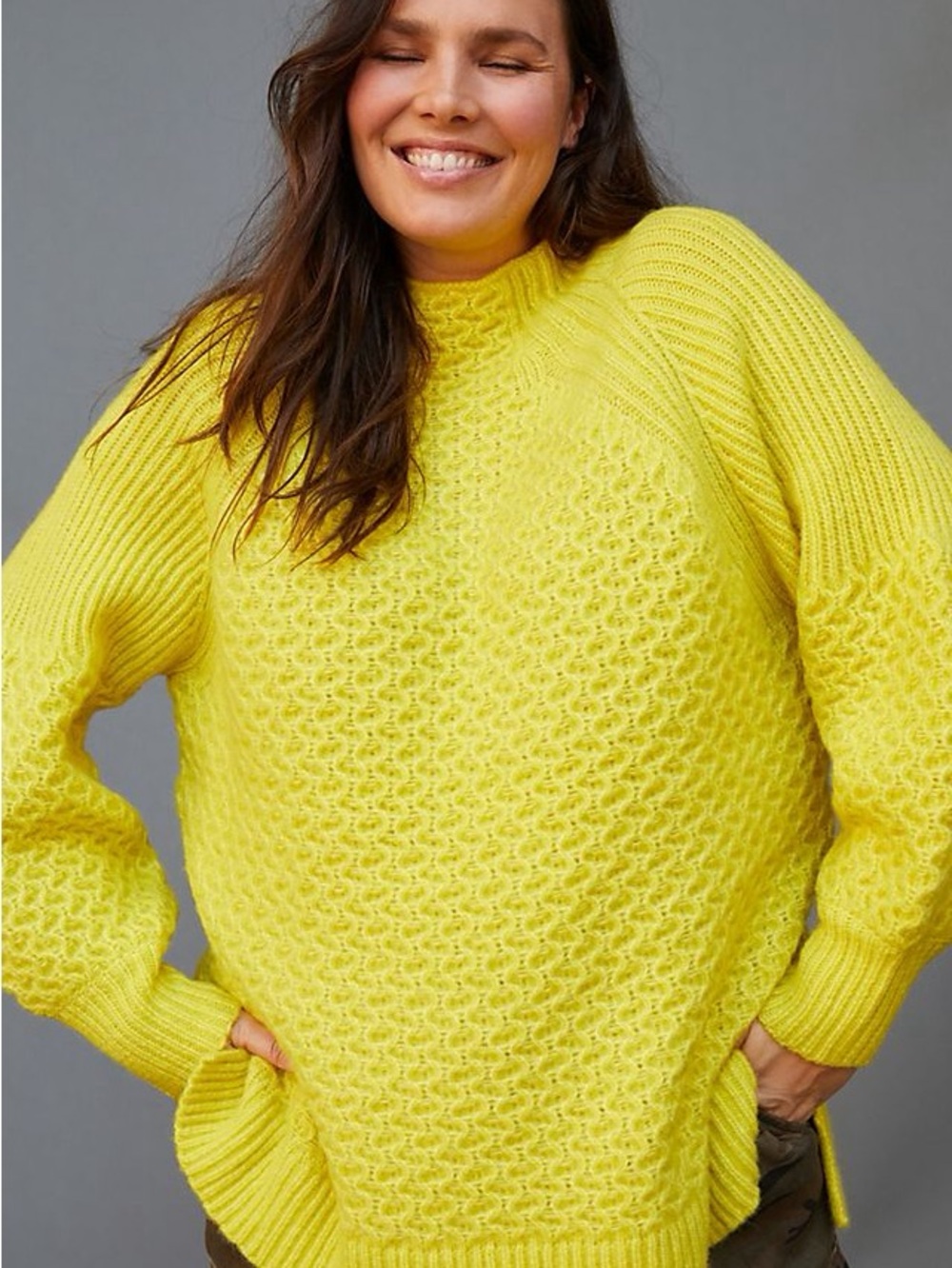 Anthropologie Bia Mock Neck Alpaca Blend Tunic Sweater - Lime Yellow - Size XS